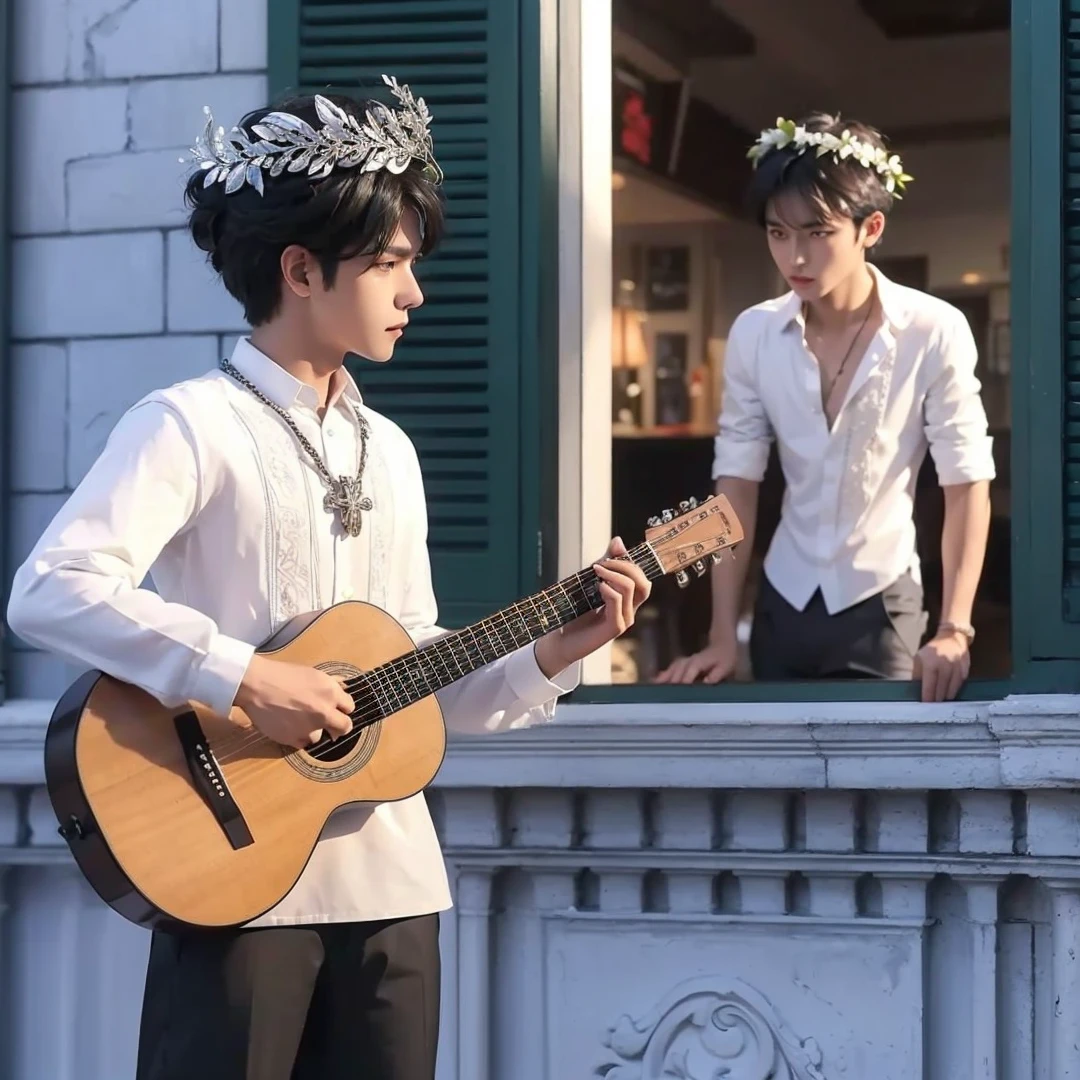 Handsome boys, black hair, brown eyes, wearing white barong tagalog, wearing silver laurel wreath on his head, holding a guitar