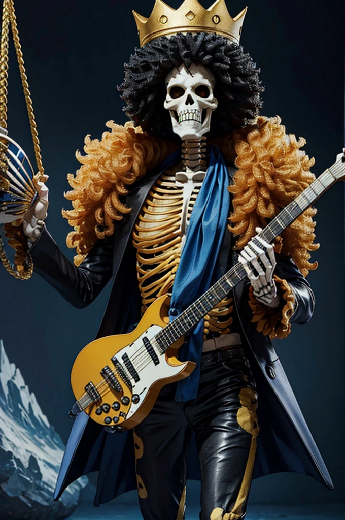 Three-dimensional effect,Standing Full body skeleton,realistic,Crown on head,junbo afro,On a big ship,By the Sea,Blue scarf,Yellow fur,Black coat,Holding a guitar,Glossy body