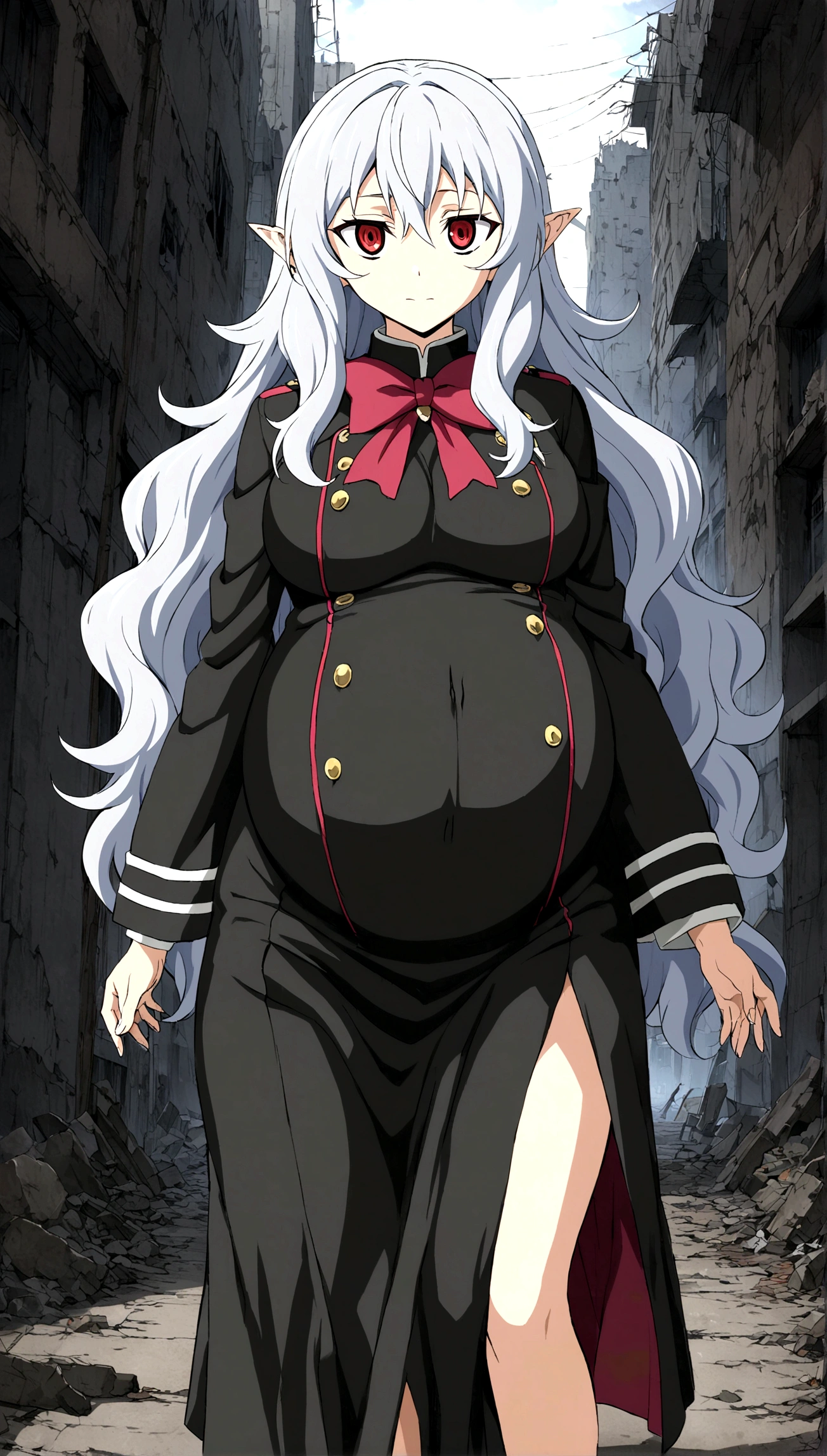 Anime. Owari no Seraph. 1 Girl. Expensive . A vampire. Clumsy mother. Pregnant. Silver hair. Wavy hair. Long hair. Red eyes. Beautiful eyes. Perfect eyes. Expressive eyes. Ideal face. Perfect body. Beautiful long ones. legs. Beautiful nose. 18 years. Big breasts. Standing. Full height. Beautiful character design. Shiny skin. Pointy ears. Ancestor Uniform Dress from Owari no Seraph. She's having contractions. Her water broke. Ruins of Tokyo. In the middle of an abandoned city street. Whole body. NSF. Official art. Extremely detailed CG Unity 8k wallpaper. Ideal lighting. Ultra high resolution 4K. Super detailed 8K. A high resolution.