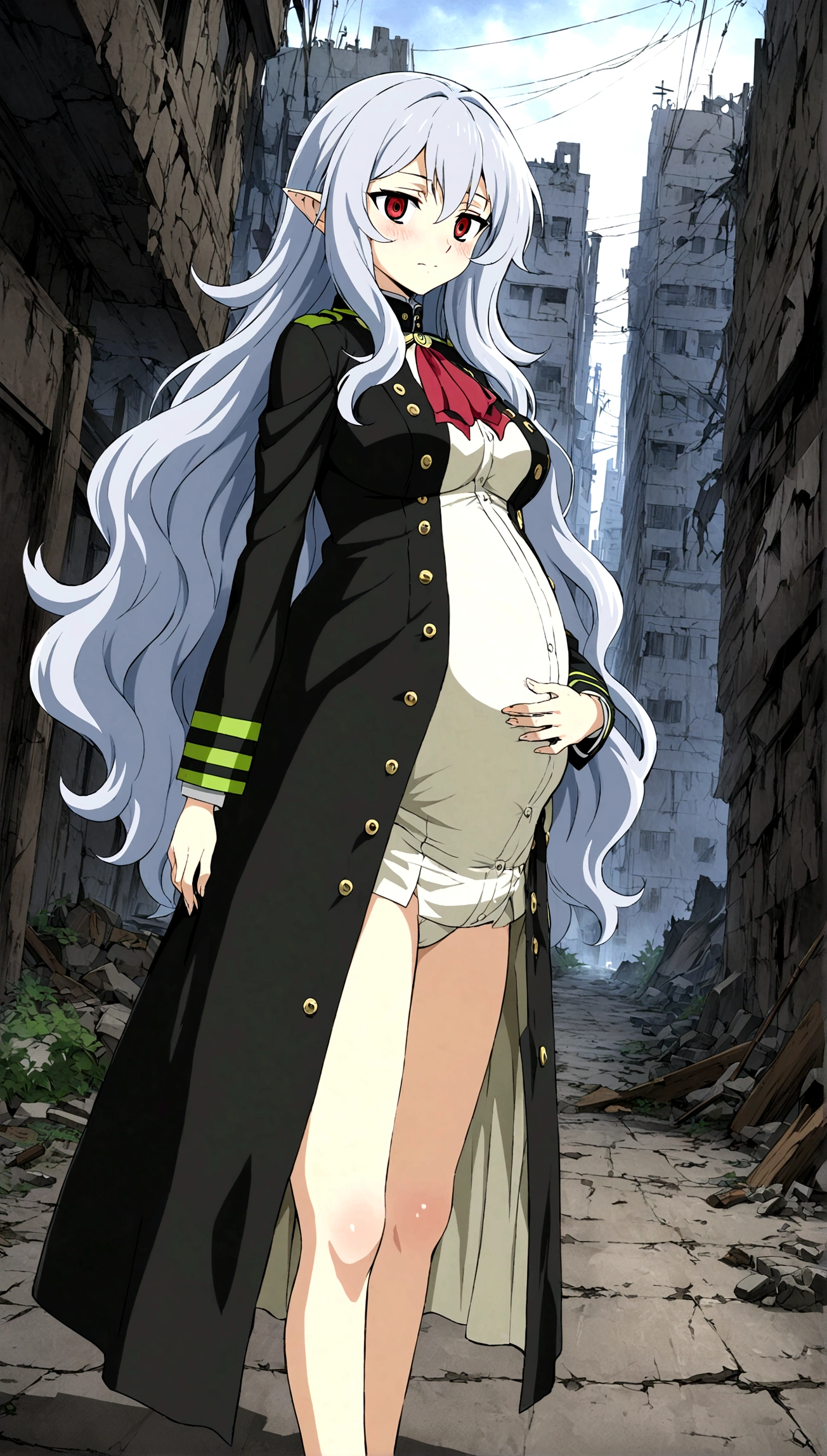 Anime. Owari no Seraph. 1 Girl. Expensive . A vampire. Clumsy mother. Pregnant. Silver hair. Wavy hair. Long hair. Red eyes. Beautiful eyes. Perfect eyes. Expressive eyes. Ideal face. Perfect body. Beautiful long ones. legs. Beautiful nose. 18 years. Big breasts. Standing. Full height. Beautiful character design. Shiny skin. Pointy ears. Ancestor Uniform Dress from Owari no Seraph. She's having contractions. Her water broke. Ruins of Tokyo. In the middle of an abandoned city street. Whole body. NSF. Official art. Extremely detailed CG Unity 8k wallpaper. Ideal lighting. Ultra high resolution 4K. Super detailed 8K. A high resolution.
