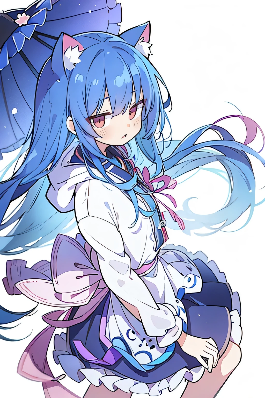 (masterpiece:1.2),Super detailed,lifelike,Expressive eyes,fair skin,perfect face shape,1 girl,
Japanese comics,Gorgeous blue hair,flowing blue hair,flowing clothes,Cat ears,Petals fall,beautiful lola,Baby Angel,
Shaking head with one hand,Cross your legs,Gentle and peaceful background,The pavilion is cool and comfortable,smile, wearing hoodie, background of tokyo,back views,snowing, winter,Angel wings,The world is open,shameful expression、Upper Body、close up、coat、skirt