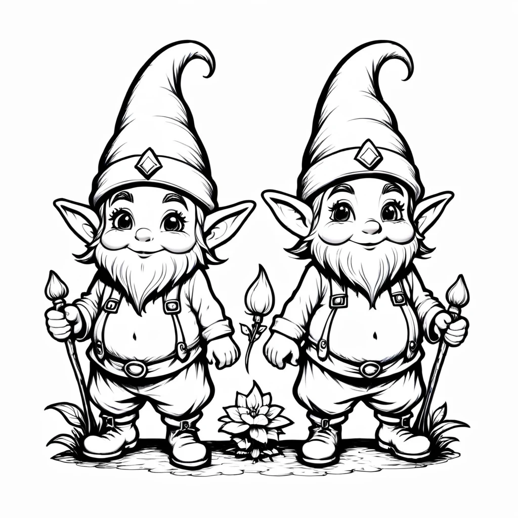 thin line drawing of a couple of lucky gnomes, with the whole body