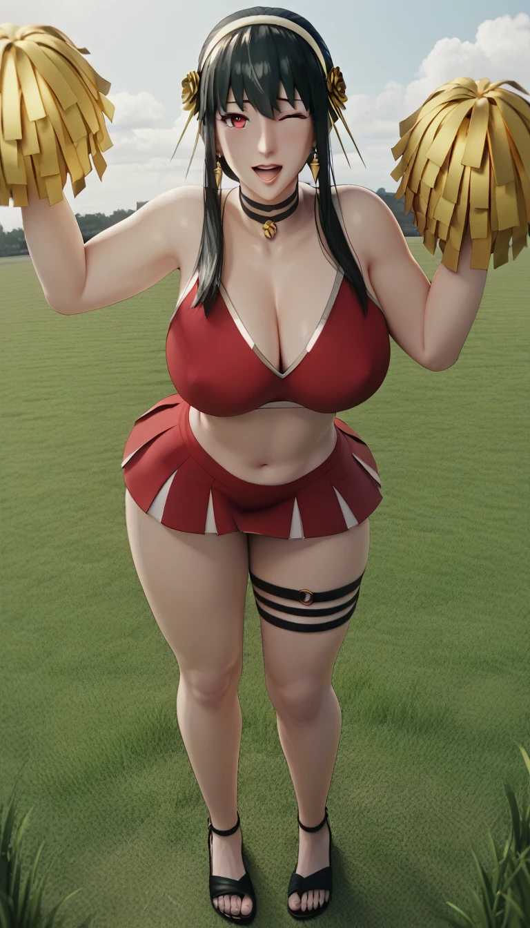 (hews art style:0.7), score_9, score_8_up, score_7_up, score_6_up, uncensored, yor briar, black hair, white hairband, red eyes, sidelocks, BREAK (masterpiece:1.2), best quality, high resolution, (beautiful detailed eyes:1.3), perfect lighting, (perfect hands, perfect anatomy), hearts, pleasured, huge breasts, 1girl, breasts, pom pom \(cheerleading\), cheerleader, solo, skirt, one eye closed, navel, smile, midriff, crop top, open mouth, full body, panties, field, looking at viewer, underwear, white background, pleated skirt, thigh strap, thighs, sandals, sleeveless, arm up, bare shoulders, choker