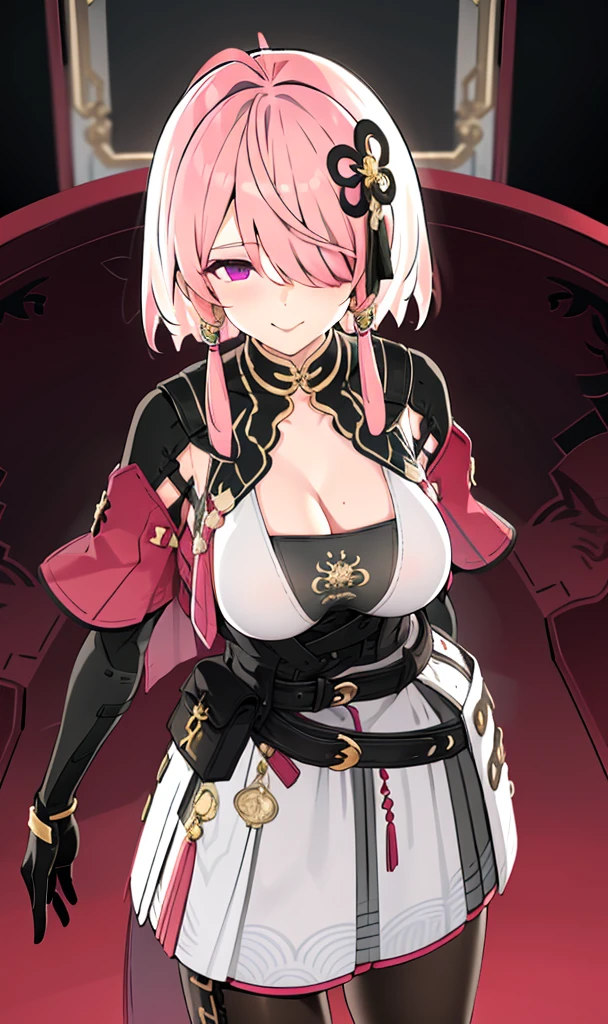 1girl, solo, indoors, blurry background, upper body, taoqi, jewelry, large breasts, cleavage, smile, ahoge, black pantyhose, medium hair, closed mouth, hair ornament, belt, black gloves, tassel, tranparent, pouch, hair over one eye, short hair with long locks, nude, pussy, arm behind on back, 