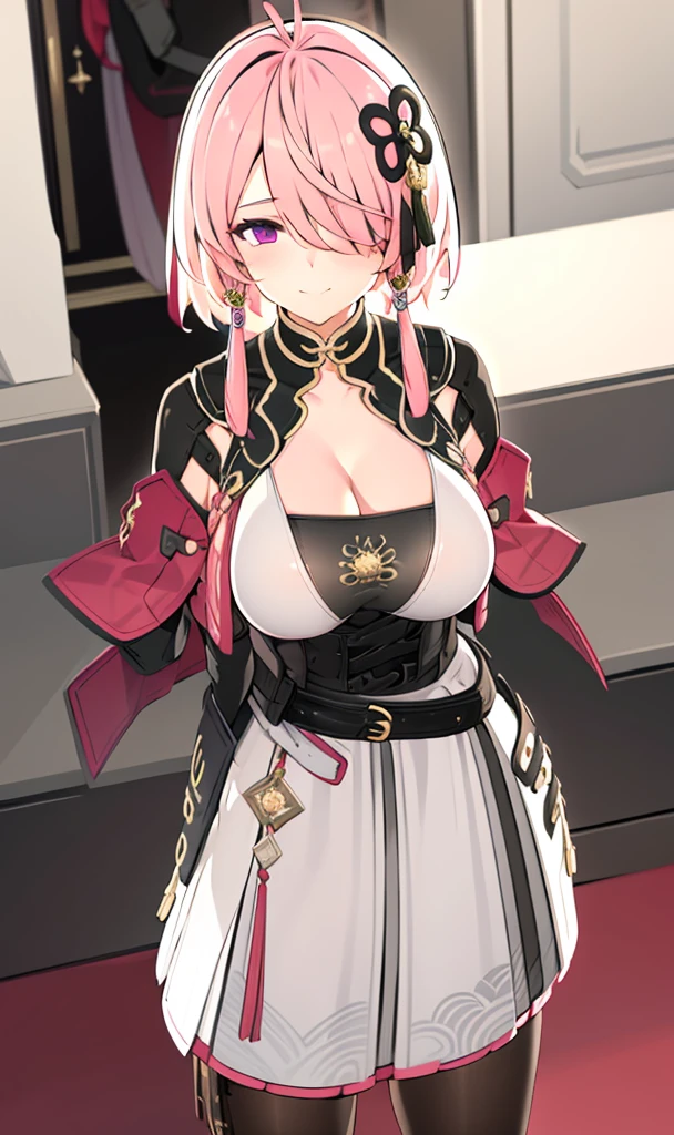 1girl, solo, indoors, blurry background, upper body, taoqi, jewelry, large breasts, cleavage, smile, ahoge, black pantyhose, medium hair, closed mouth, hair ornament, belt, black gloves, tassel, tranparent, pouch, hair over one eye, short hair with long locks, nude, pussy, arm behind on back, 