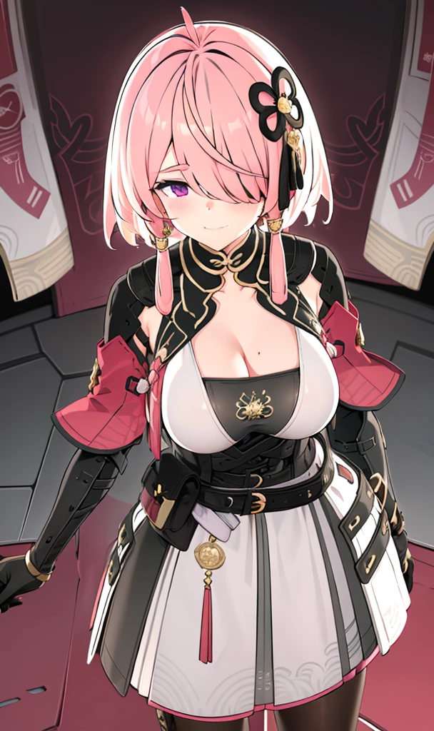 1girl, solo, indoors, blurry background, upper body, taoqi, jewelry, large breasts, cleavage, smile, ahoge, black pantyhose, medium hair, closed mouth, hair ornament, belt, black gloves, tassel, tranparent, pouch, hair over one eye, short hair with long locks, nude, pussy, arm behind on back, 