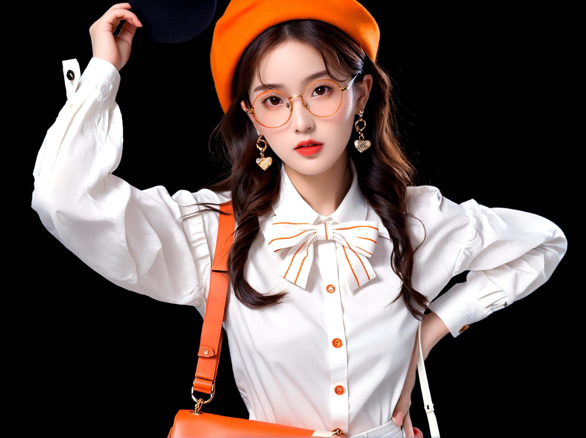 1girl, solo, long hair, looking at viewer, simple background, brown hair, shirt, long sleeves, hat, bow, jewelry, white shirt, upper body, earrings, glasses, bag, lips, head tilt, beret, black background, orange bow, round eyewear