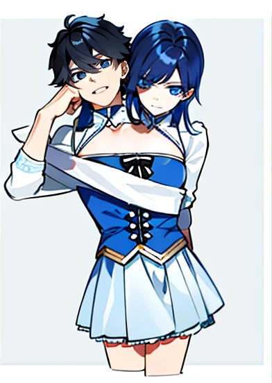 (masterpiece, best quality), best resolution, 2others, couple, 1boy and 1girl with 2heads, (1boy:1.8), swapped heads, headswap, short hair boy, long hair girl, arguing, upset, black hair color, different hair style, male and female conjoinment, beutiful blue eyes