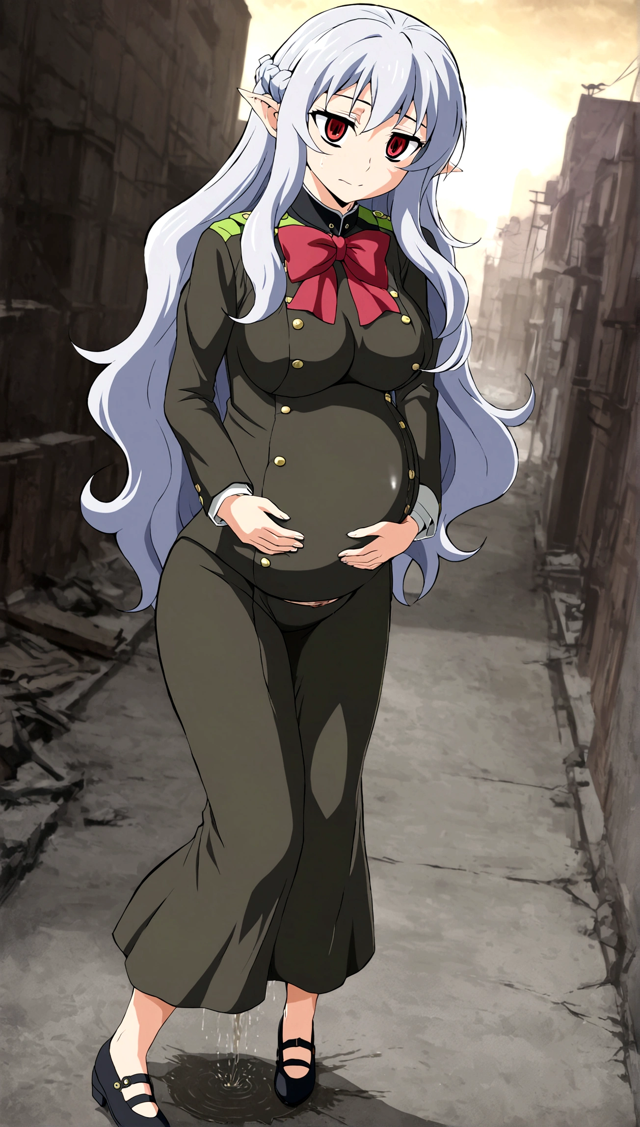 Anime. Owari no Seraph. 1 Girl. Expensive . A vampire. Clumsy mother. Pregnant. Silver hair. Wavy hair. Long hair. Red eyes. Beautiful eyes. Perfect eyes. Expressive eyes. Ideal face. Perfect body. Beautiful long ones. legs. Beautiful nose. 18 years. Big breasts. Standing. Full height. Beautiful character design. Shiny skin. Pointy ears. Ancestor Uniform Dress from Owari no Seraph. Ruins of Tokyo. Whole body. NSF. Official art. Extremely detailed CG Unity 8k wallpaper. Ideal lighting. Ultra high resolution 4K. Super detailed 8K. A high resolution.