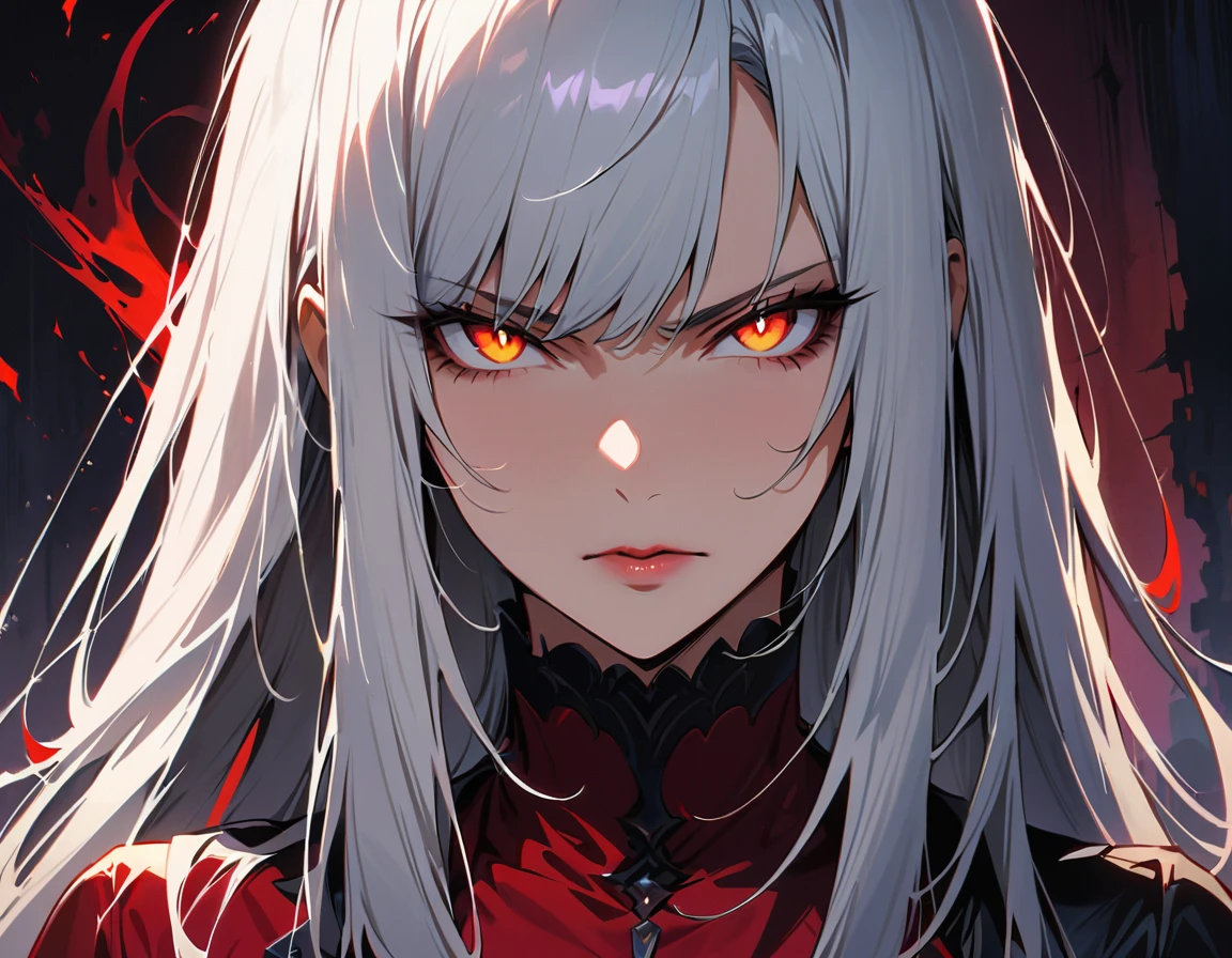 Long white hair, yellow eyes, evil, sexy, black and red clothes, evil face, evil, serious look, gloss lips, sinister, front look, bloody, gloves, close up, portrait, beautiful eyes, short dress, big white, dark place, night, sensual, straight hair cut, clear skin, evil, young 30 years girl, adult girl, solo, red, very long hair, ankle length hair, handsome older WOMAN，crimson-eyes，crimson pupils，Long white hair，Hyperresolution，accuracy，Detailed rendering,（Image of fine hair）（topquality）（Masterpieces of masters）（High degree of completeness）（A sense of atmosphere）tmasterpiece，Super detailed and super detailed（((half-body portrait)))