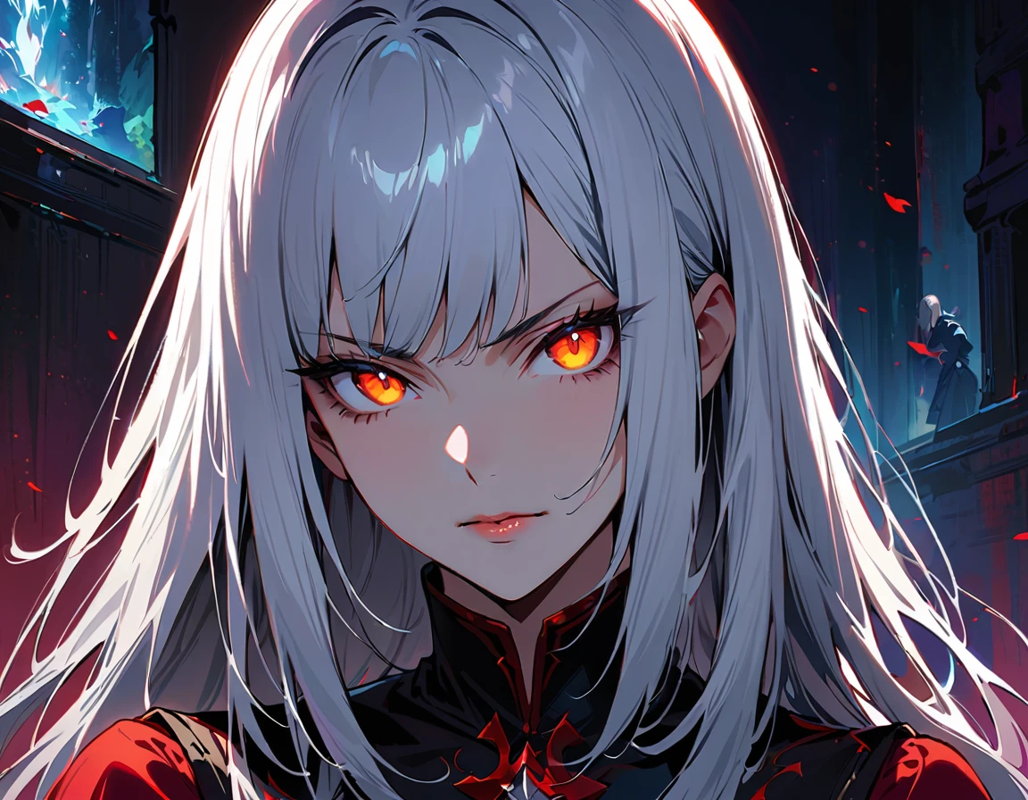 Long white hair, yellow eyes, evil, sexy, black and red clothes, evil face, evil, serious look, gloss lips, sinister, front look, bloody, gloves, close up, portrait, beautiful eyes, short dress, big white, dark place, night, sensual, straight hair cut, clear skin, evil, young 30 years girl, adult girl, solo, red, very long hair, ankle length hair, handsome older WOMAN,crimson-eyes,crimson pupils,Long white hair,Hyperresolution,accuracy,Detailed rendering,(Image of fine hair)(topquality)(Masterpieces of masters)(High degree of completeness)(A sense of atmosphere)tmasterpiece,Super detailed and super detailed(((half-body portrait)))