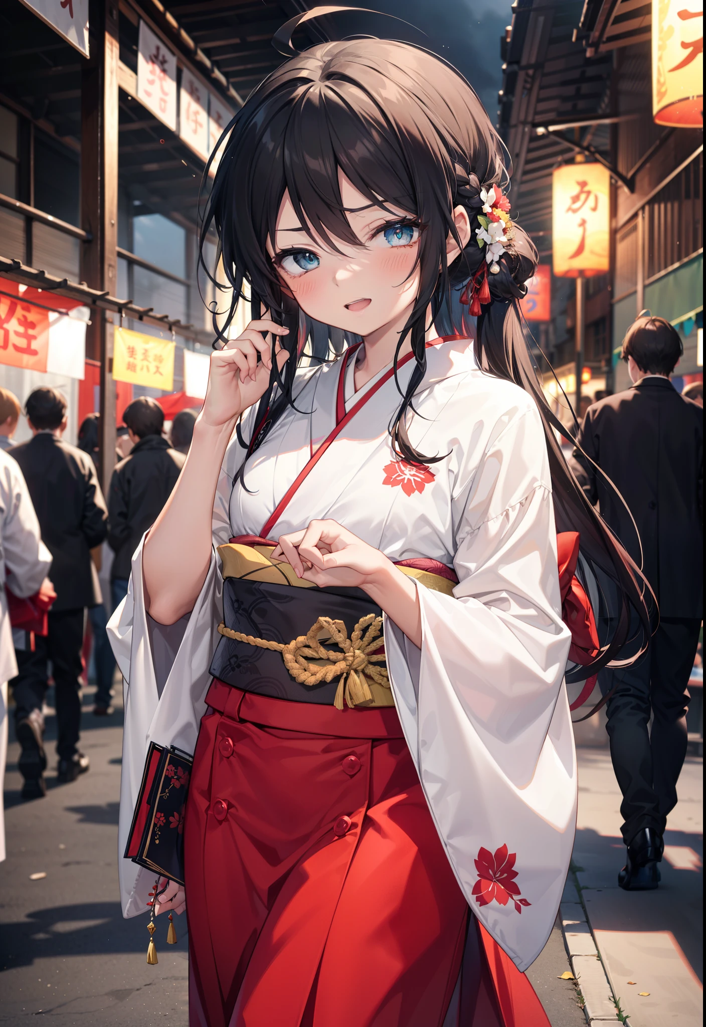 Shana,灼眼のShana,Long Hair, Red hair,Red eyes,Ahoge,smile,blush,Open your mouth,Hair tied up,blush,Red Kimono,Thick sleeves,Red long skirt,日本のfestival,夏festivalの屋台,Red lantern,So that the whole body goes into the illustration,Walking, break looking at viewer, Upper Body (Cowboy Shot:1. 5), break outdoors, shrine,festival, break (masterpiece:1.2), Highest quality, High resolution, unity 8k wallpaper, (shape:0.8), (Beautiful and beautiful eyes:1.6), Highly detailed face, Perfect lighting, Highly detailed CG, (Perfect hands, Perfect Anatomy),