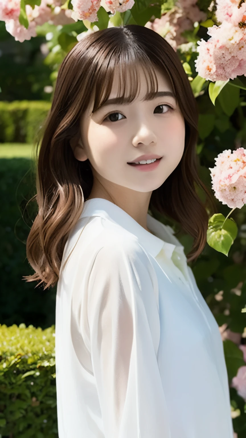 (masterpiece, Highest quality:1.2), Japanese、One Girl, cute, Expressionless, alone, Small Nose, Small red cheeks and nose, 非常にcute表情, Short Bob,Wavy Hair、、透き通るようなwhiteい肌、whiteいキャミソール、((girl、Upper body angle))、the skin is transparent、Flat chest for a more realistic look、whiteＴshirt、Blurred Background、garden、Promenade、Flower Field