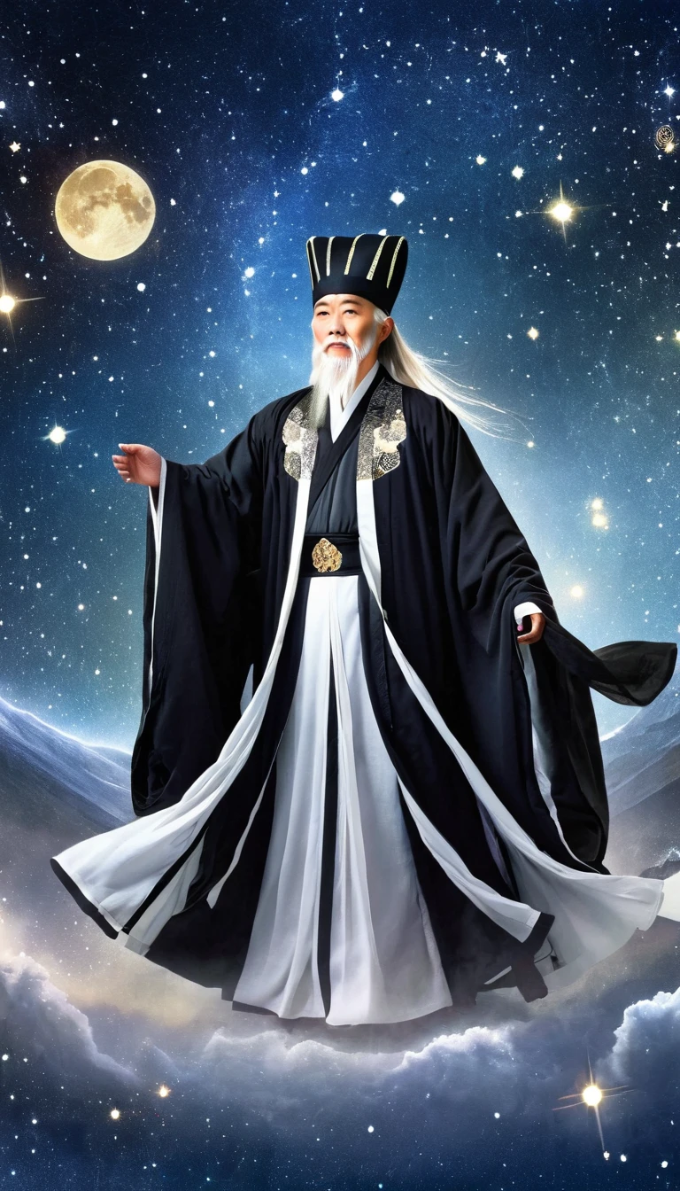 Oriental Fortune Teller,The old immortal on the top of the stars,Elders,White beard and long white eyebrows,(Wear an official hat,Kongming Hat),Black loose hanfu robe,Looking at the stars,Galaxy Tai Chi Bagua Diagram,artistic conception,large quantities of,Runes,Luminescence,Dream