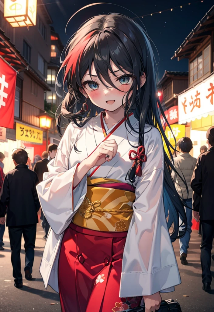Shana,灼眼のShana,Long Hair, Red hair,Red eyes,Ahoge,smile,blush,Open your mouth,Hair tied up,blush,Red Kimono,Thick sleeves,Red long skirt,日本のfestival,夏festivalの屋台,Red lantern,So that the whole body goes into the illustration,Walking, break looking at viewer, Upper Body (Cowboy Shot:1. 5), break outdoors, shrine,festival, break (masterpiece:1.2), Highest quality, High resolution, unity 8k wallpaper, (shape:0.8), (Beautiful and beautiful eyes:1.6), Highly detailed face, Perfect lighting, Highly detailed CG, (Perfect hands, Perfect Anatomy),