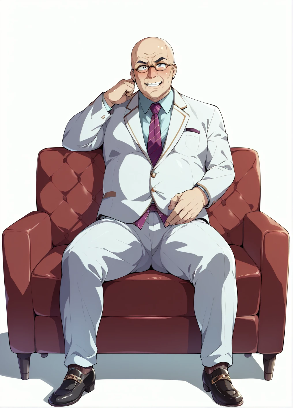 Ultra-detailed illustrations、Ultra-precise expression、masterpiece、Highest quality、ultra High resolution、High resolution、Hiromitsu Takeda Style、White background、Simple Background、sit、whole body、White Suit、One fat old man、Bald Head、No Face、solo、Vulgar expression、Leather shoes、Luxurious sofa、Mokkori crotch、Bossy、Proudly、