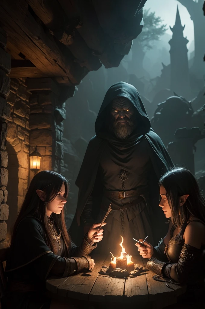 Enter the Shadow Tavern, where enigmatic elves mix with sharp-eyed orcs and black-robed wizards. The shadowy stone walls absorb the light, creating a dense and mysterious atmosphere. Weathered oak tables display arcane artifacts, while steaming potions exude an intriguing aroma. Elves whisper ancient secrets, orcs exchange enigmatic glances and wizards practice forbidden spells. In this haven of mystery, dark magic intertwines dark destinies between creatures from unknown worlds.