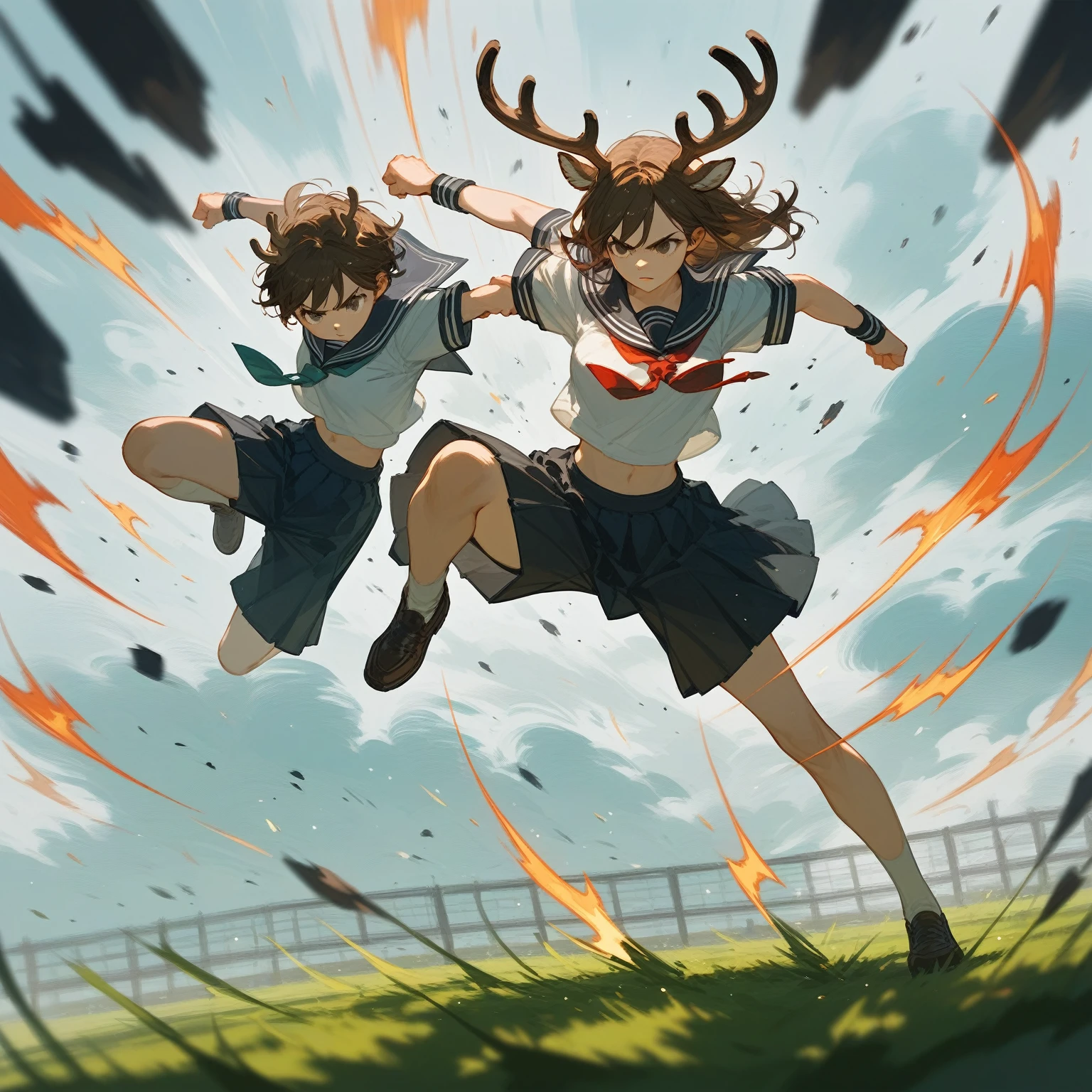 A girl with deer antlers, short brown hair, with sailor uniform,fighting , in school field with a dynamic pose,anime art