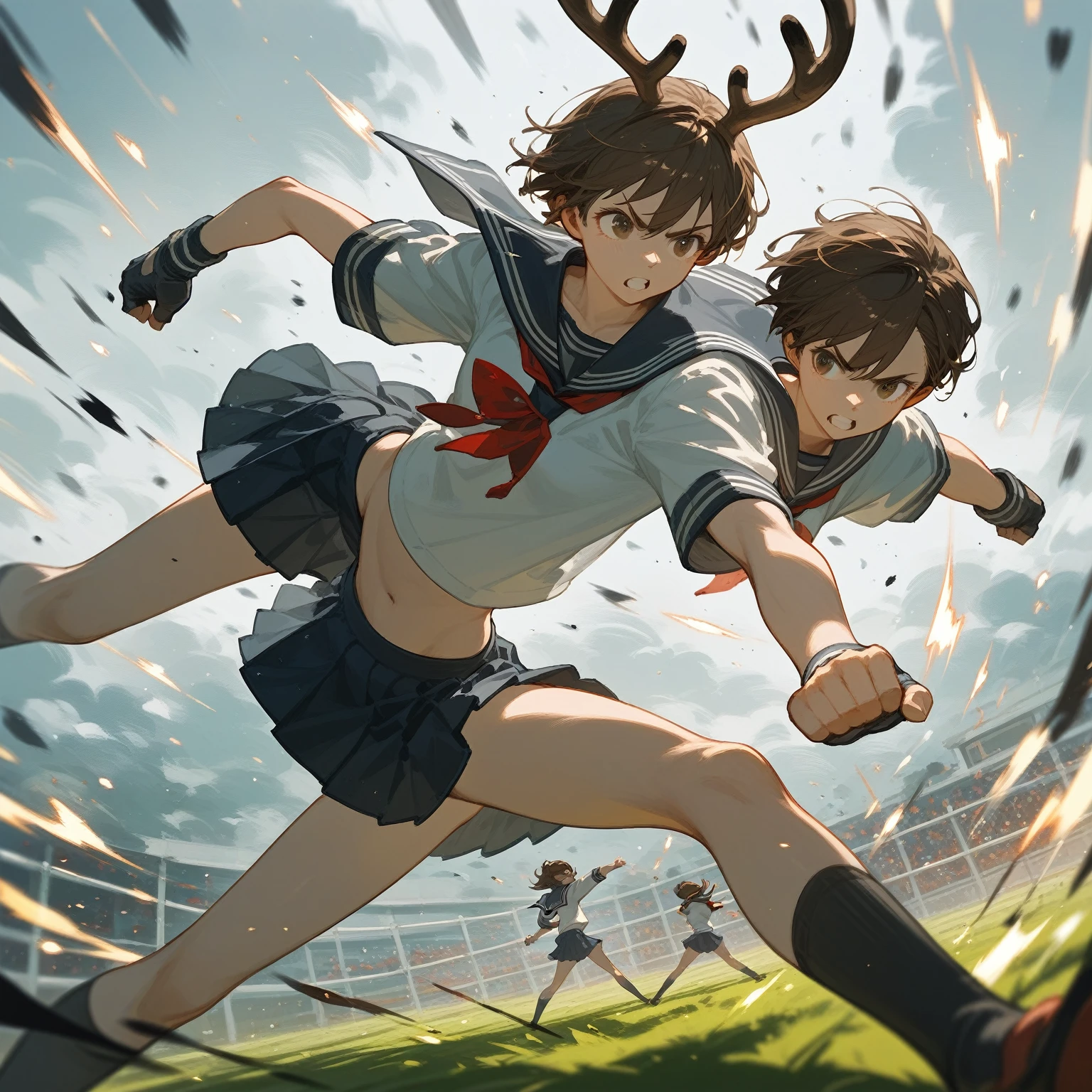 A girl with deer antlers, short brown hair, with sailor uniform,fighting , in school field with a dynamic pose,anime art
