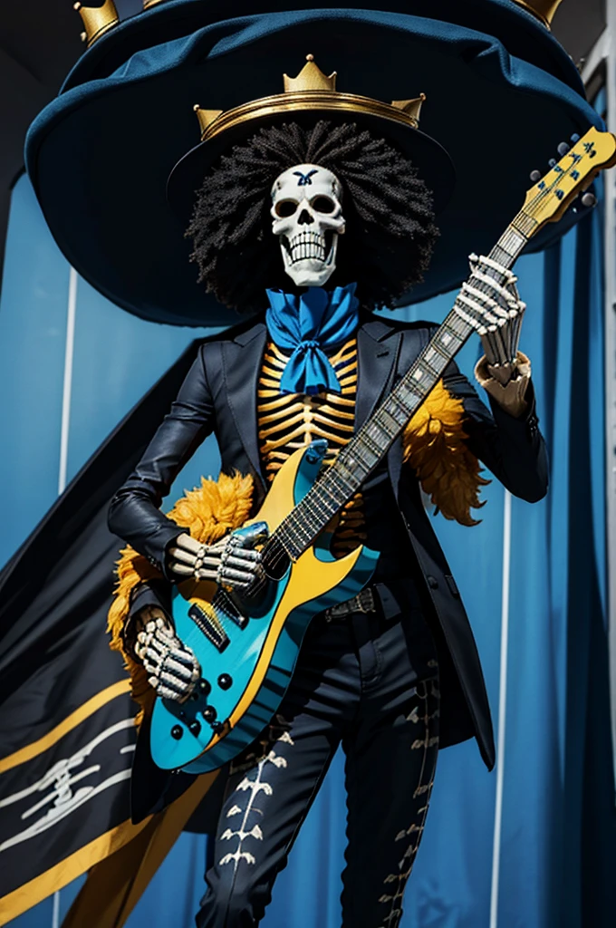 Three-dimensional effect,Standing Full body skeleton,realistic,Crown on head,junbo afro,On a big ship,By the Sea,Blue scarf,Yellow fur,Black coat,Holding a guitar,Glossy body,The inside of the skeleton is black