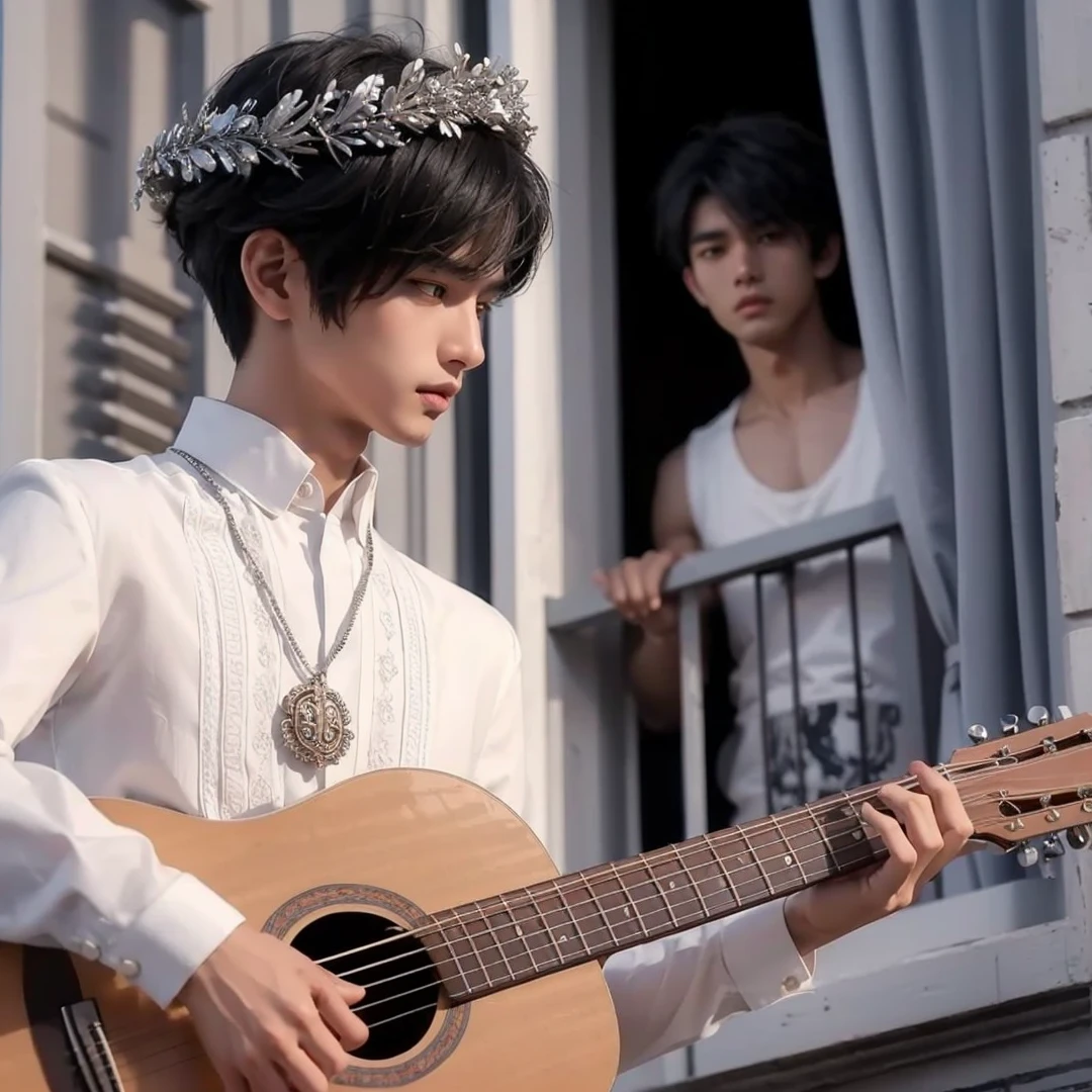Handsome boys, black hair, brown eyes, wearing white barong tagalog, wearing silver laurel wreath on his head, holding a guitar