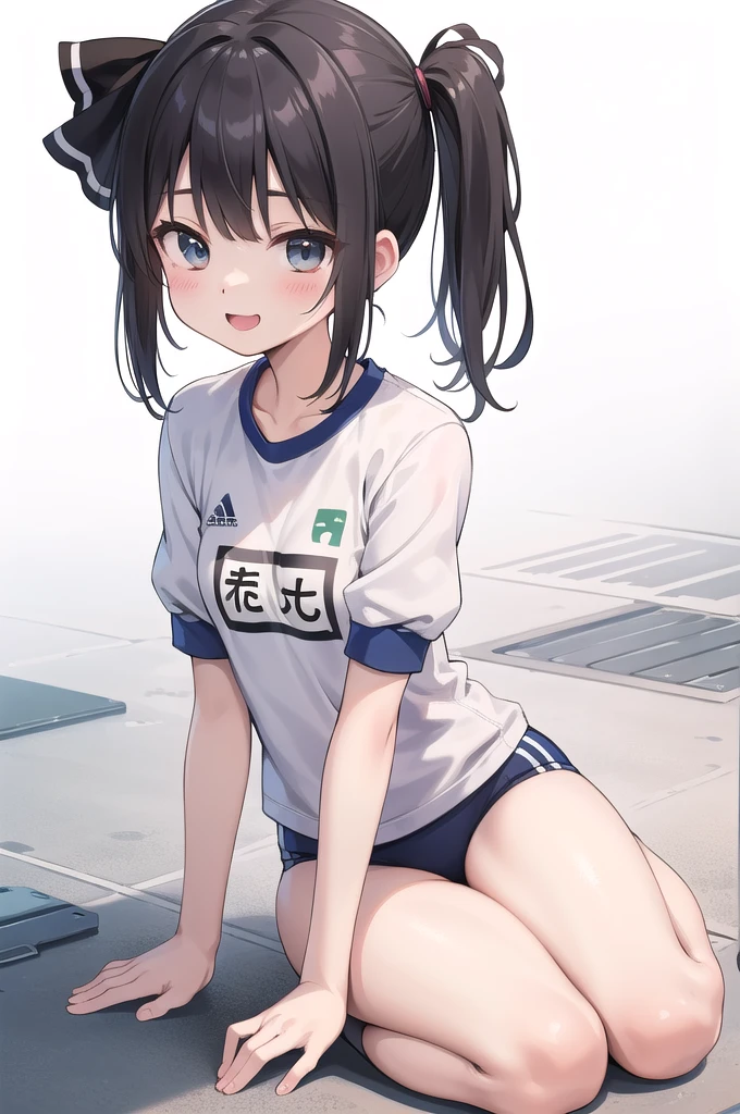 (((((whole body)))))、Youmu, Very cute gym clothes 、smile,、Cowboy Shot、Sitting on the floor、With legs apart、Both hands on the floor、Simple Background、