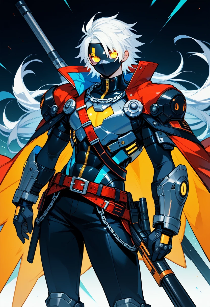 He has spiky, white hair that adds to his dynamic appearance. He wears a futuristic, black and gray mask with yellow glowing eyes, giving him a menacing and high-tech look.
Outfit: He is dressed in a red jacket with various patches and symbols, including the word "KID" on the sleeve. The jacket is partially unzipped, revealing a form-fitting, armored suit underneath. The suit features a mix of black, white, and gold elements, emphasizing both protection and style.
Accessories: He has a large belt with studs and a chain, adding to his edgy and rebellious aesthetic. He also has gloves that match his suit, enhancing his combat-ready appearance.
Weapon: He is holding a large shotgun with intricate designs, showing he is equipped for battle. The shotgun is black with some inscriptions on it, adding to its uniqueness.