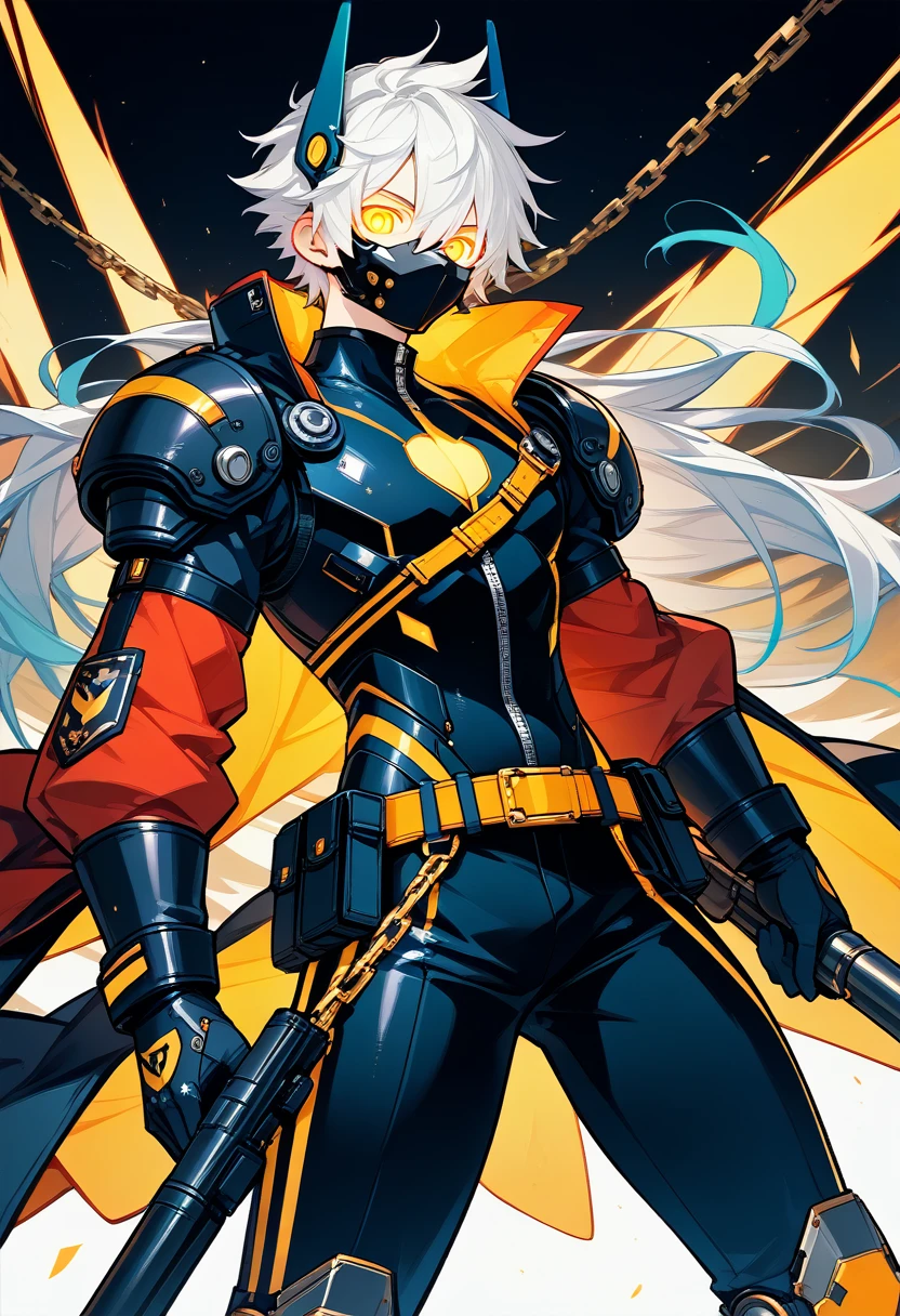He has spiky, white hair that adds to his dynamic appearance. He wears a futuristic, black and gray mask with yellow glowing eyes, giving him a menacing and high-tech look.
Outfit: He is dressed in a red jacket with various patches and symbols, including the word "KID" on the sleeve. The jacket is partially unzipped, revealing a form-fitting, armored suit underneath. The suit features a mix of black, white, and gold elements, emphasizing both protection and style.
Accessories: He has a large belt with studs and a chain, adding to his edgy and rebellious aesthetic. He also has gloves that match his suit, enhancing his combat-ready appearance.
Weapon: He is holding a large shotgun with intricate designs, showing he is equipped for battle. The shotgun is black with some inscriptions on it, adding to its uniqueness.