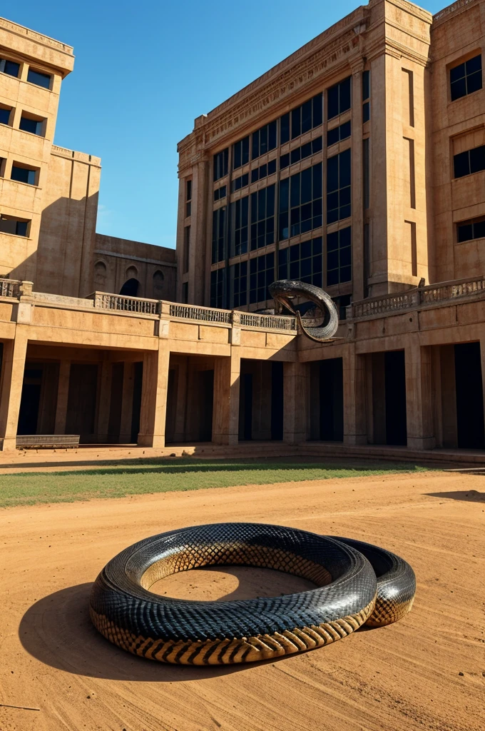 There is a very big building, there is a cobra snake wrapped around it and seeing it all the people are running away.