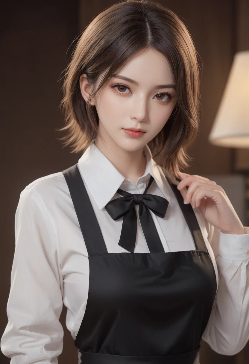 ((Masterpiece, Best Quality)), (1 girl), (Alone), (Feminine focus), Yoru (chainsaw man),(Very detailed face, real image, realistic white skin, realistic body, intricate details), Upper part of the body, Serious , Brown eyes, looking at the viewer, Sales over the body, black fur, long-sleeve shirt, apron dress, black tie, Sales, Sales, small breasts