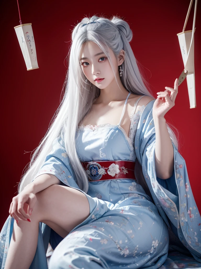 Blu-ray quality，Japanese and Korean exquisite painting style，high detail，high quality，A man with long silver-white hair whose limbs are made of machinery.，red eyes，Beautiful woman wearing maid outfit