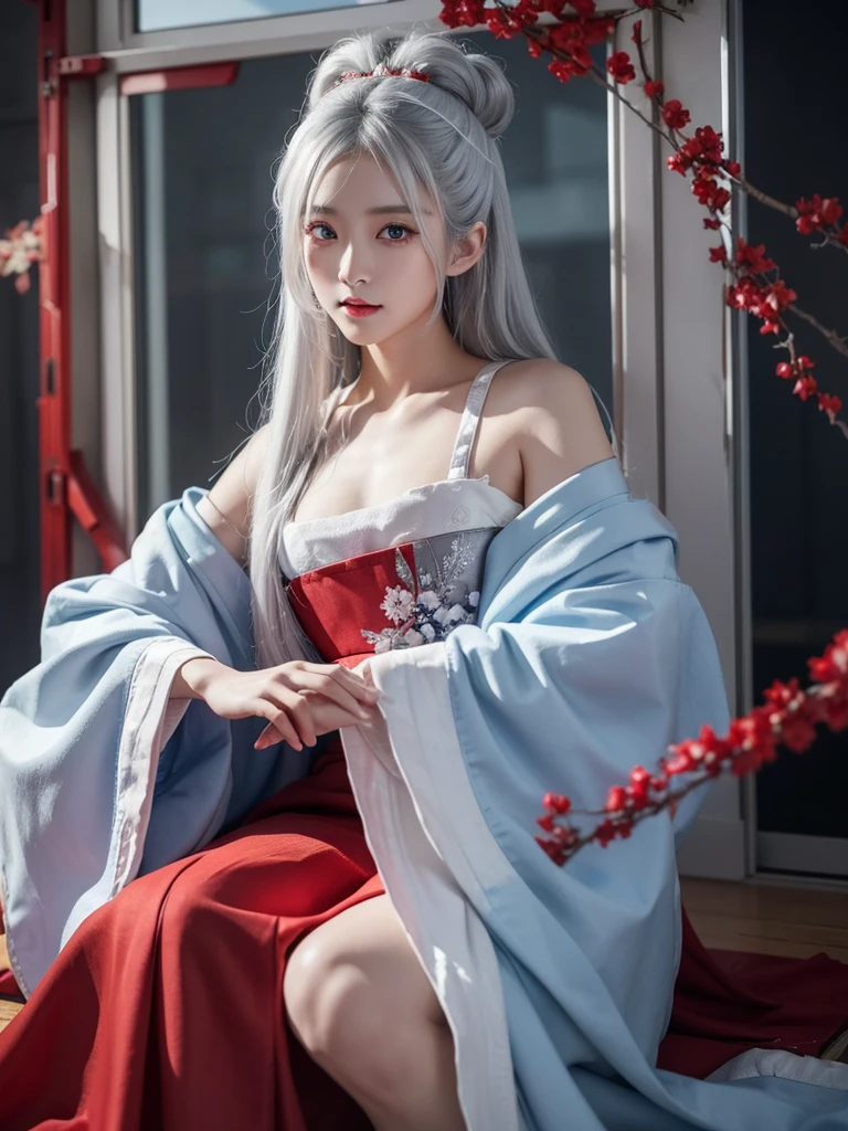 Blu-ray quality，Japanese and Korean exquisite painting style，high detail，high quality，A man with long silver-white hair whose limbs are made of machinery.，red eyes，Beautiful woman wearing maid outfit