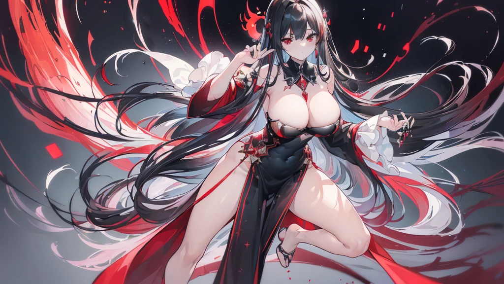 (Exquisite eyes),(Clear and beautiful eyes:1.61),masterpiece, ung girl,(Black clothes and some red gems), Black long hair, (She has a huge red gem on her chest), Good Hand,((The Havoc of StarCraft)),full-body shot,Fighting Stance,(Red Eyes:1.466),short and small,(Very big breasts:1.35),(Pretty Face),(full-body shot:1.33),Beautiful hands