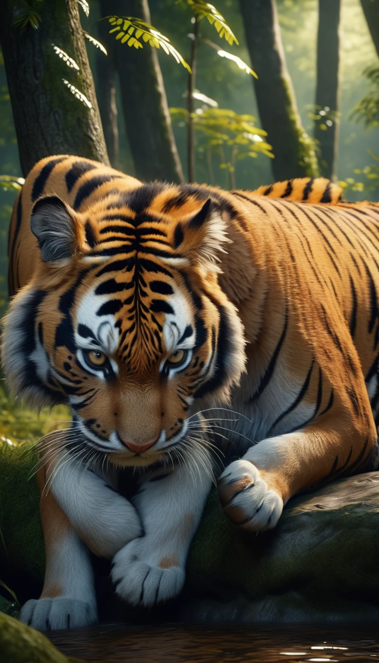 There is a wild beast in the forest，The tail of the cow，The body of a tiger（best quality，4K，8K，High level，masterpiece：1.2），Ultra Detailed，（lifelike，Photo real，Photo real：1.37），Highly detailed animals，Realistic lighting，Fantasy Creatures