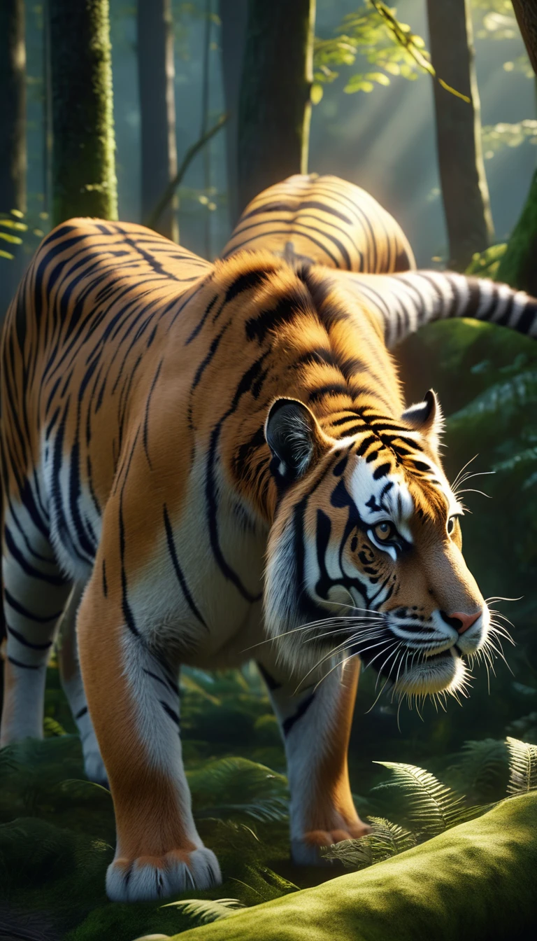 There is a wild beast in the forest,The tail of the cow,The body of a tiger(best quality,4K,8K,High level,masterpiece:1.2),Ultra Detailed,(lifelike,Photo real,Photo real:1.37),Highly detailed animals,Realistic lighting,Fantasy Creatures