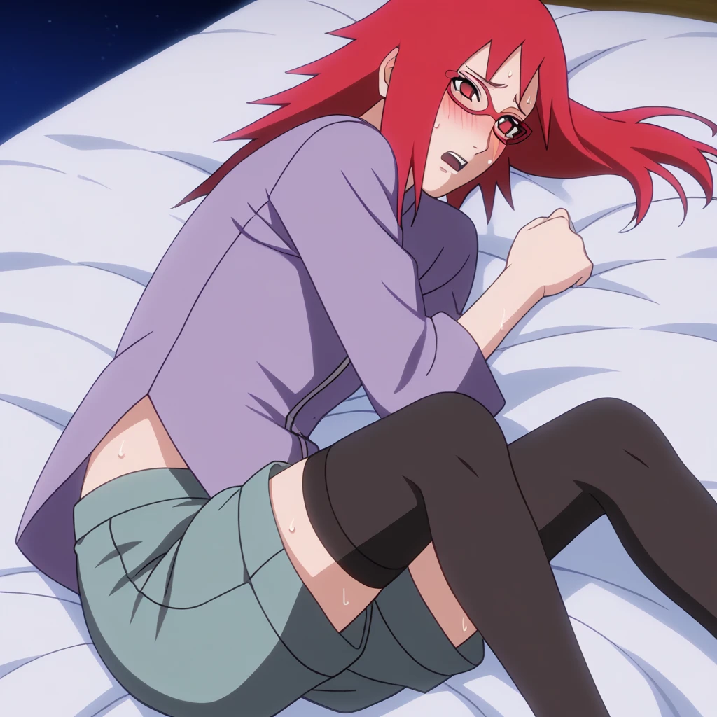 Red hair, 1 Girl, Glasses, Long hair, Red Eyes, Solitary, Long gown, Black over-the-knee stockings, 黑色shorts, Umbilical cord, Looking at the audience，No students, Japanese cartoons screencap, Japanese cartoons coloring,src_Japanese cartoons,Naruto \(series\), Naruto shippuuden,（（blush，nervous，Vision，））masterpiece， absurd ， （Intricate details）， （Colorful）， light， Extremely detailed CG unity 8k wallpaper ，1 Girl， solo，（shy，In the hotel，Lying on the bed，night，blush，nervous，Sweating，蕾丝dress， ），sweat，blush，blush1.5，Blush，Medium chest，（（dress，Black stockings，luxurious hotel，night，）），（dress，Lying in bed，Uncomfortable expression，Mouth open，spit），（（Vest，shorts，））