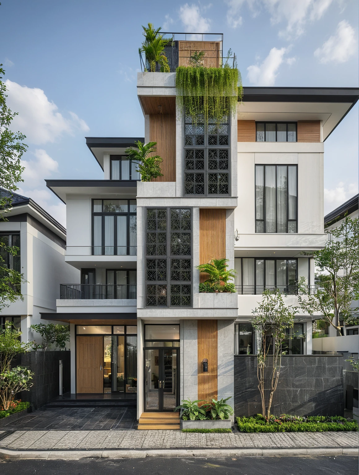 modern villa on street, (daylight), tropical tree, (slope roof, black tiled roof:1.2), vivid color, streetcapes, nice sky, grey tone, large glass door, warm interior lighting, modern material, best quality, ultra realistic, masterpiece, 17ArchiAI_XL_VL-v1