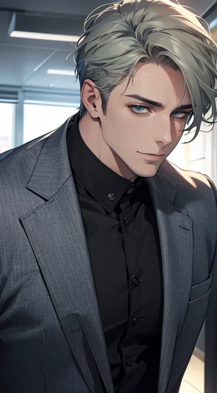 (best quality,4k,8k,highres,masterpiece:1.2),ultra-detailed,(realistic,photorealistic,photo-realistic:1.37),1 man,31 years old,mature man,very handsome,without expression,smile,short grey green hair,blue eyes,penetrating gaze,perfect face without errors,imposing posture,businessman,office background,cinematic lighting,hdr image