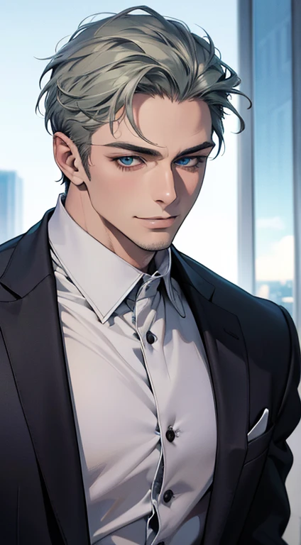 (best quality,4k,8k,highres,masterpiece:1.2),ultra-detailed,(realistic,photorealistic,photo-realistic:1.37),1 man,31 years old,mature man,very handsome,without expression,smile,short grey green hair,blue eyes,penetrating gaze,perfect face without errors,imposing posture,businessman,office background,cinematic lighting,hdr image