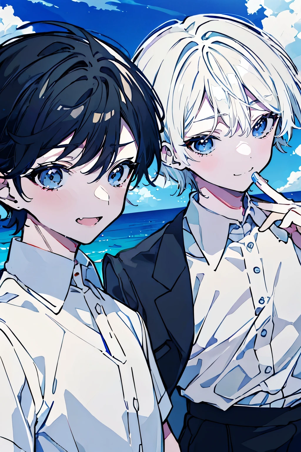 (Mastepiece), (Best Quality), Very detailed, (Two friendly boys:1.5),Shooting from below、Solo Shooting,Perfect Face, Beautiful Face, Very detailed顔,(1 boy with black hair:1.3),(One boy with white hair:1.3)、(short hair:1.3)、(Happy Face:1.4),(Laughing with your mouth open:1.3),(Short-sleeved white shirt:1.4)、(Hair blowing in the wind:1.4),The atmosphere that seems to disappear,(blue sky_cumulonimbus)、summer、ephemeral、Sweat