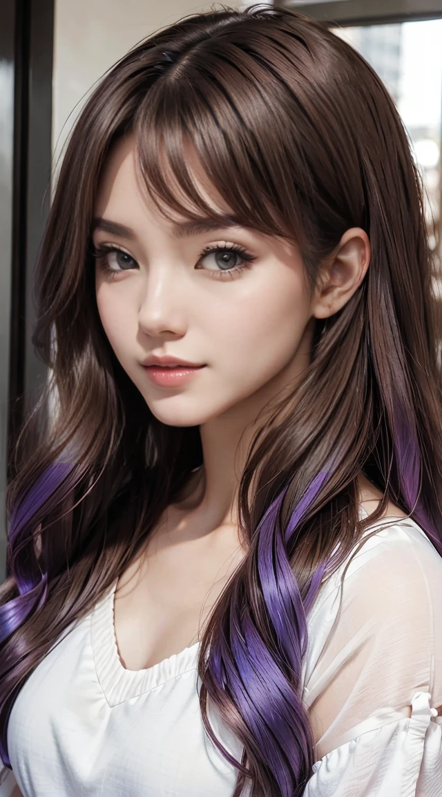 a 25yo woman、Hair color is a gradient color、eye color is brown、Semi-long、hair is wavy、I'm wearing eyeshadow and lipstick、I'm wearing a decorated headband、accessories on wrist、Slender but well-proportioned muscular body、The navel is visible、She is wearing a luxurious off-the-shoulder blouse with frills.、Chest Pochi、She is wearing a luxurious mini pleated skirt with low rises.、a smile、