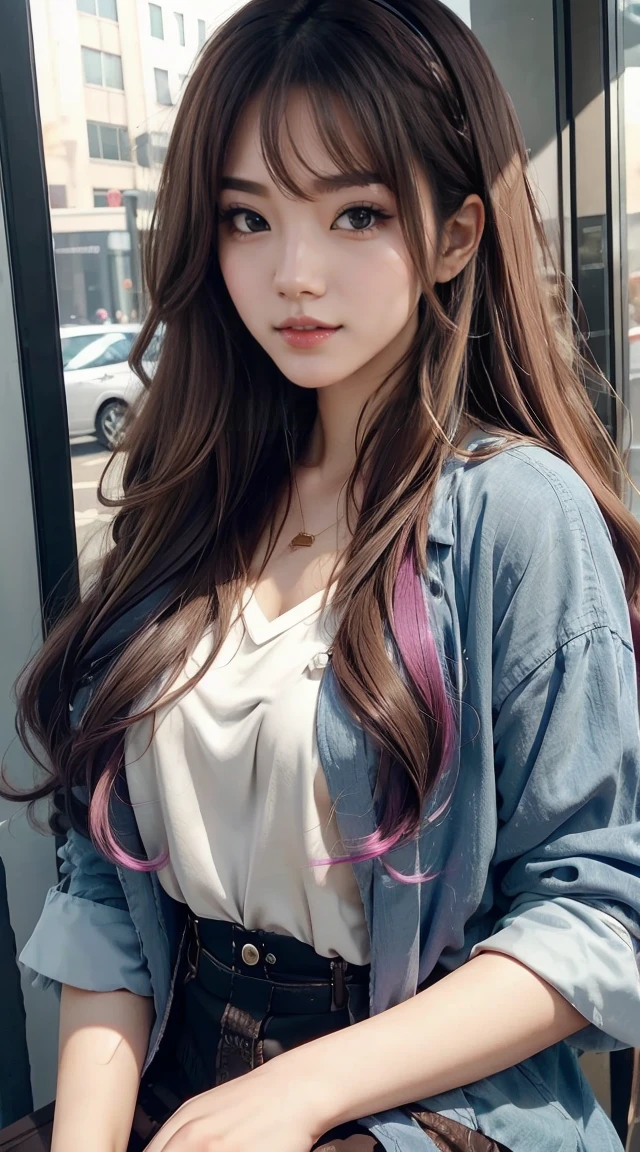 a 25yo woman、Hair color is a gradient color、eye color is brown、Semi-long、hair is wavy、I'm wearing eyeshadow and lipstick、I'm wearing a decorated headband、accessories on wrist、Slender but well-proportioned muscular body、The navel is visible、She is wearing a luxurious off-the-shoulder blouse with frills.、Chest Pochi、She is wearing a luxurious mini pleated skirt with low rises.、a smile、