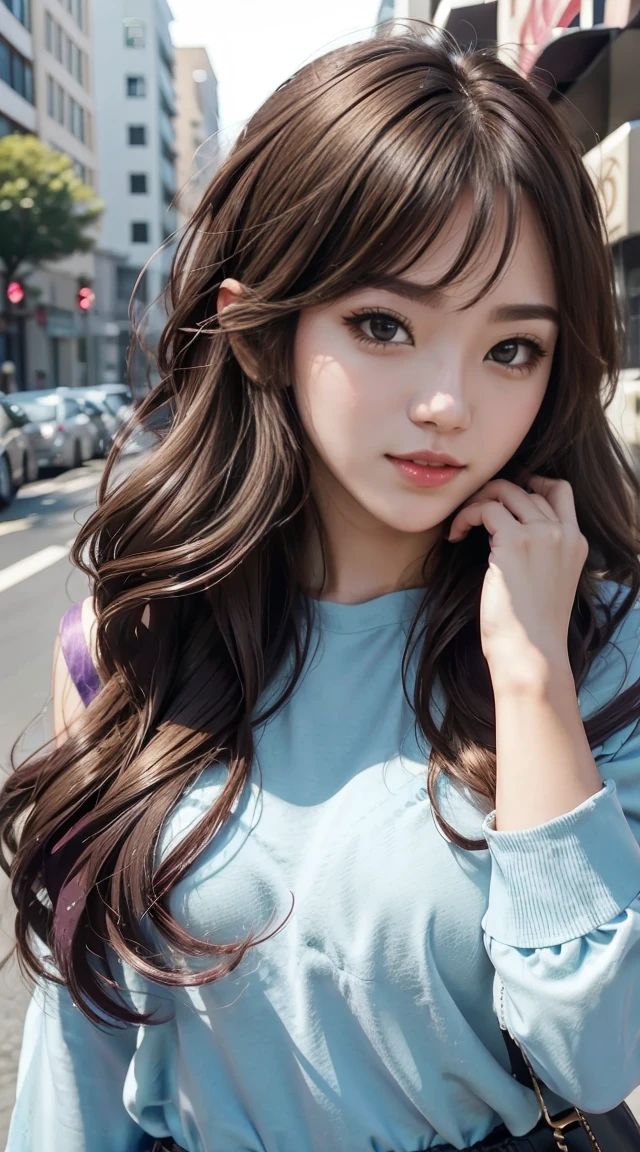 a 25yo woman、Hair color is a gradient color、eye color is brown、Semi-long、hair is wavy、I'm wearing eyeshadow and lipstick、I'm wearing a decorated headband、accessories on wrist、Slender but well-proportioned muscular body、The navel is visible、She is wearing a luxurious off-the-shoulder blouse with frills.、Chest Pochi、She is wearing a luxurious mini pleated skirt with low rises.、a smile、