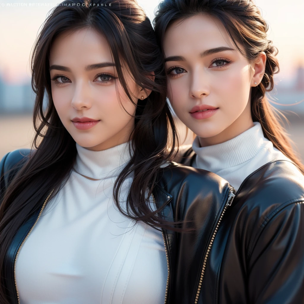 a beautiful young woman, lady bikers, detailed face, alluring eyes, full lips, large bust, turtle neck t-shirt, leather jacket, outdoor date setting, lover, soft lighting, warm colors, (best quality,4k,8k,highres,masterpiece:1.2),ultra-detailed,(realistic,photorealistic,photo-realistic:1.37),cinematic,beautiful detailed eyes,beautiful detailed lips,extremely detailed face and eyes,long eyelashes,intricate clothing textures,elegant posing,warm smile,romantic atmosphere