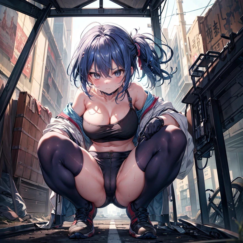 ((Highest quality)), ((masterpiece)), ((detailed)), (4K), 1girl, 独奏, indigo blue hair, black tube top, bike shorts, squatting, (open legs), large breasts, angry, looking at viewer, (from below), breast focus, town, wasteland, sweat
