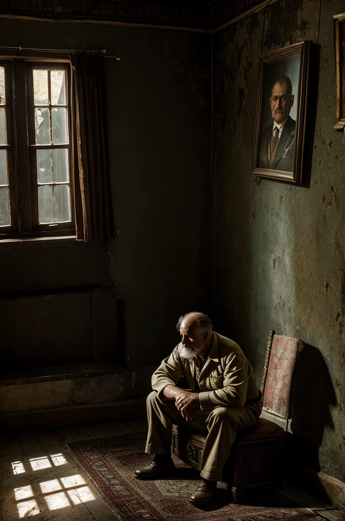 Seated in an old house with a mysterious decor, the narrator, a 50-year-old man, contemplates memories of the past. The walls are adorned with faded portraits and ancient trinkets, every corner of the room bathed in dim light. His gaze is both nostalgic and enigmatic, ready to reveal long-buried stories.