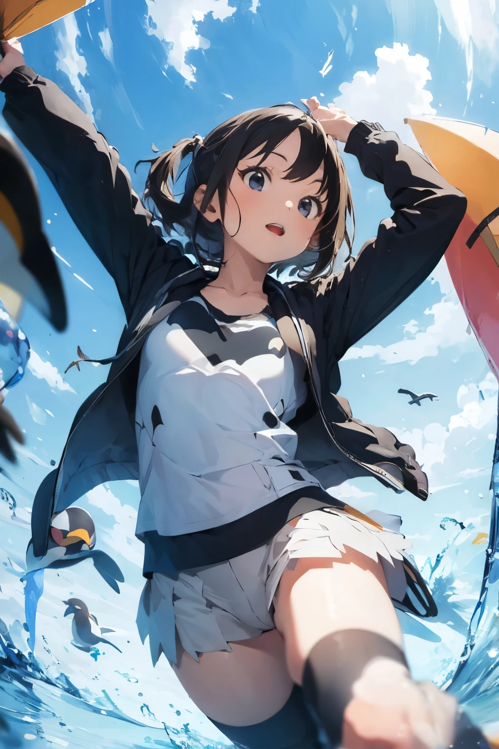 ((Highest quality)), ((masterpiece)), (detailed), One girl, Model pose, Angle from below, penguin