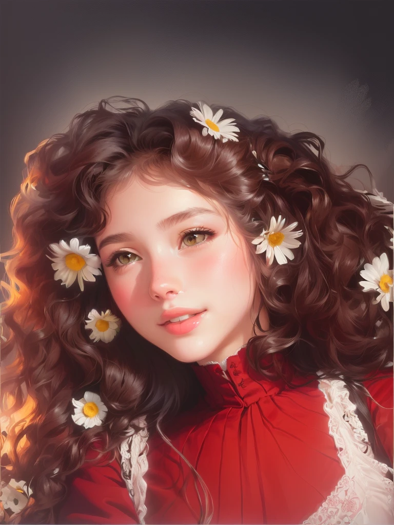 A girl licks her head on a pillow with daisies,digital painting