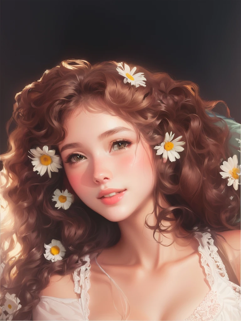 A girl licks her head on a pillow with daisies,digital painting