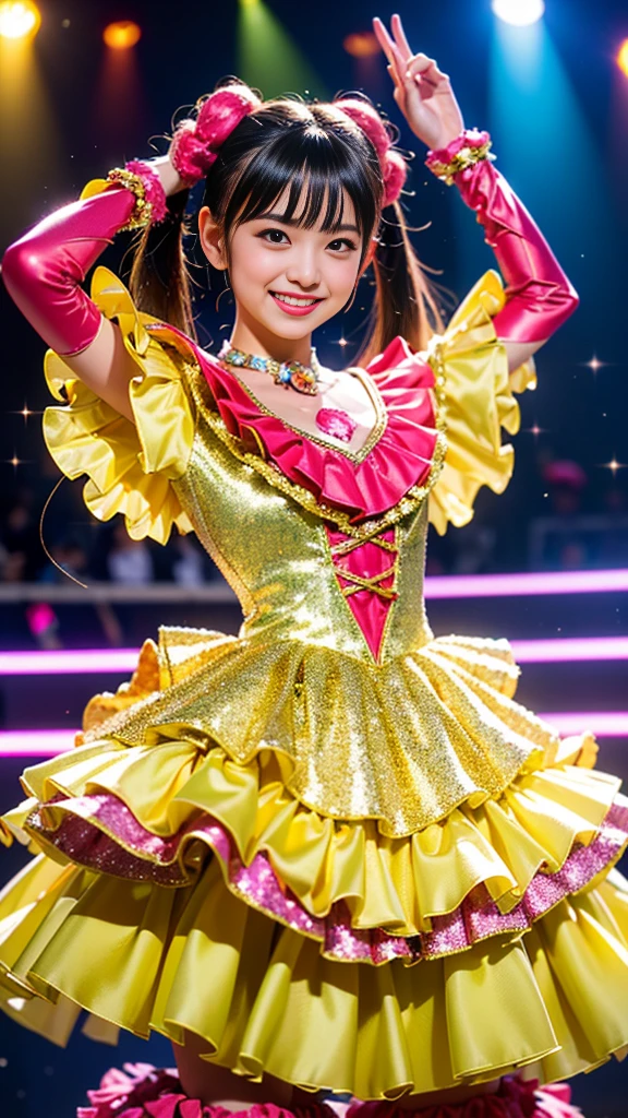 Realistic photos、18-year-old、(8K、Live Shooting、Realistic、Ultra-wide field of view:1.5)、1 Girl、(Woman with beautiful and perfect face、Expressing the joy of dancing through color、nice smile)、Looking into the camera、Long eyelashes、(Red lip gloss、Fine grain、Long Hair、High-positioned twin tails、Hold the microphone:1.5)、Glowing Skin、When the light hits it, the hair shines、Highest quality、Ultra-high resolution、(Colorful idol costumes、Glittering costumes、Costume with frills:1.5)、A live stage surrounded by a large audience、Bathed in the light on stage、Take a full body photo、Reduce depth of field、